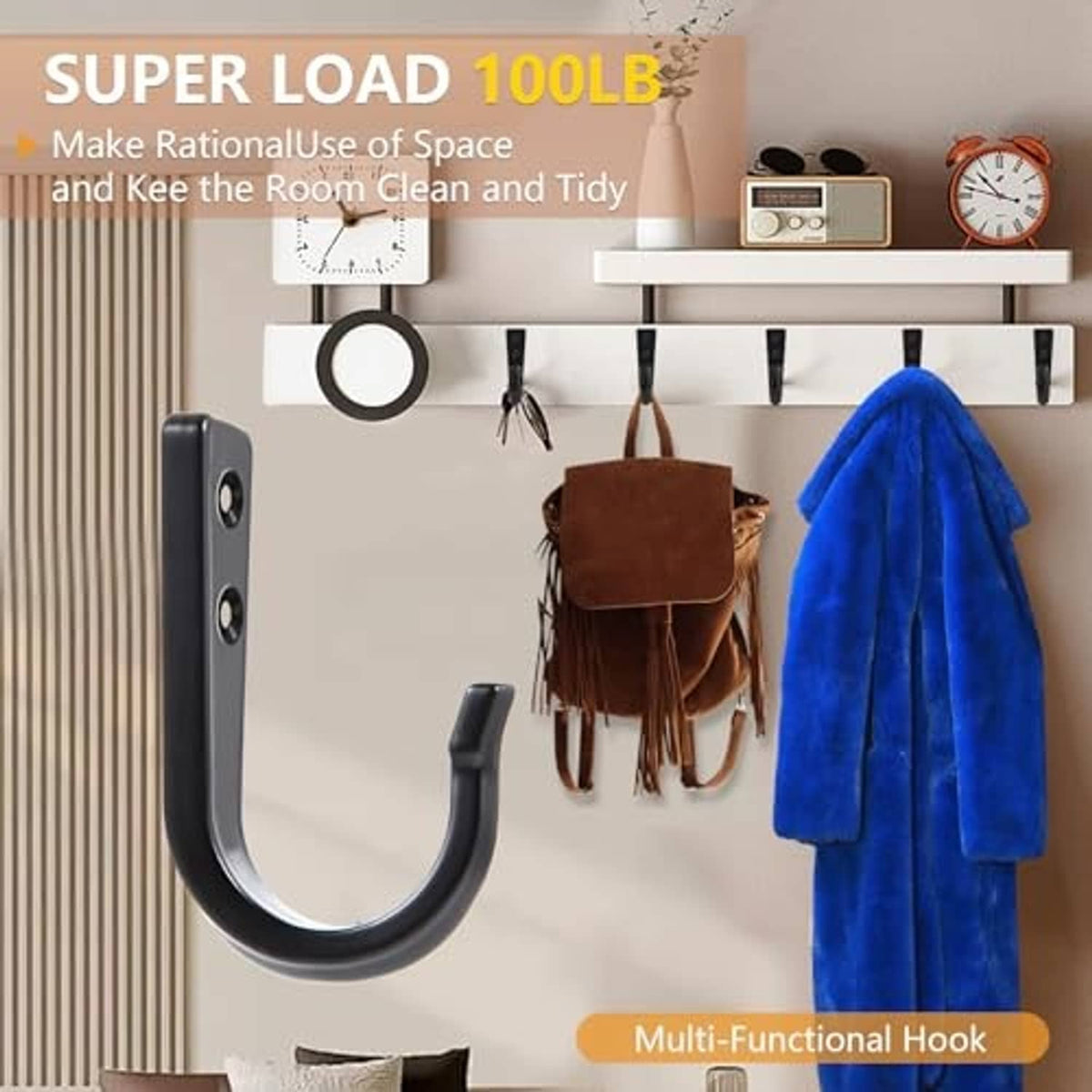 Black U-shaped heavy-duty wall hook for hanging coats or bags