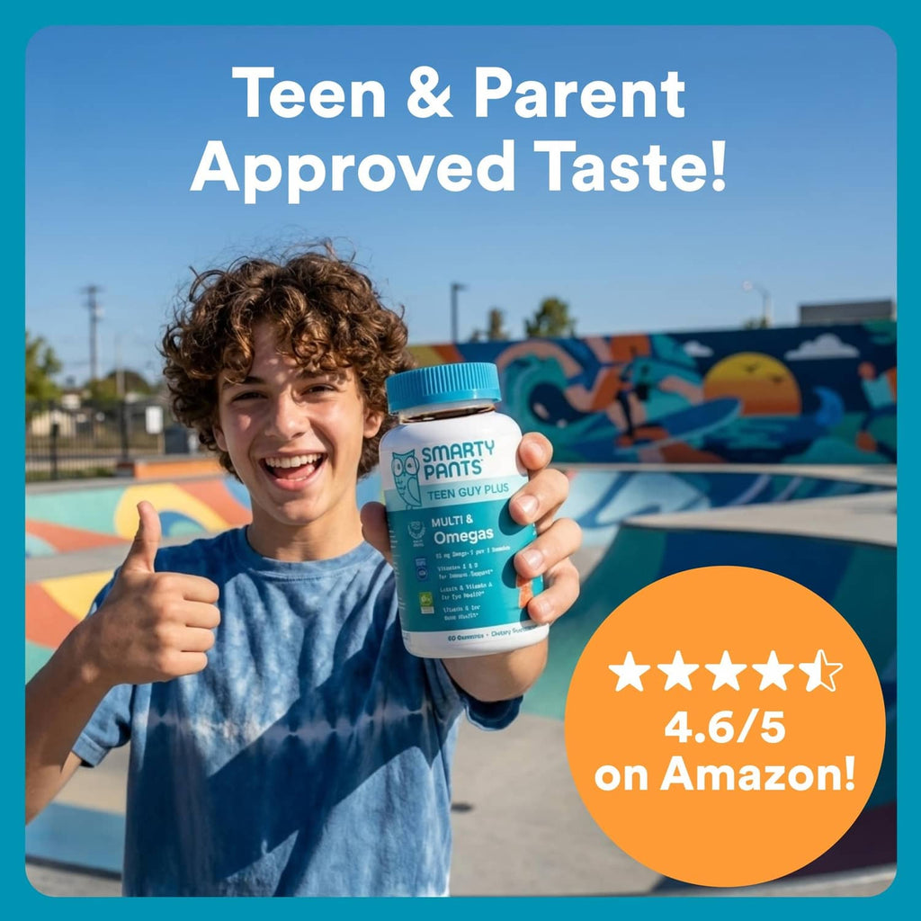 Teen giving a thumbs-up while holding SmartyPants teen guy plus bottle with rating badge