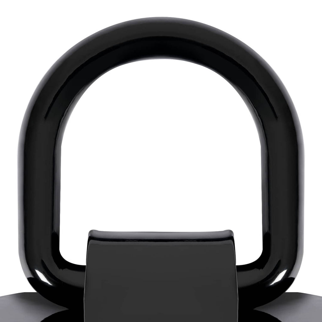 Close-up of glossy black D-ring handle attached to a black stake pocket