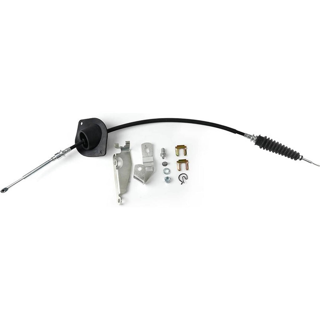 Transmission shift cable assembly with black round mount, link rod ends, and clips