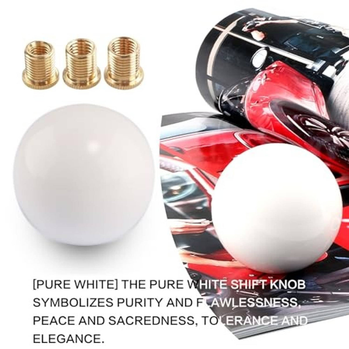 Pure white round ball gear shift knob with gold threaded adapters shown on car