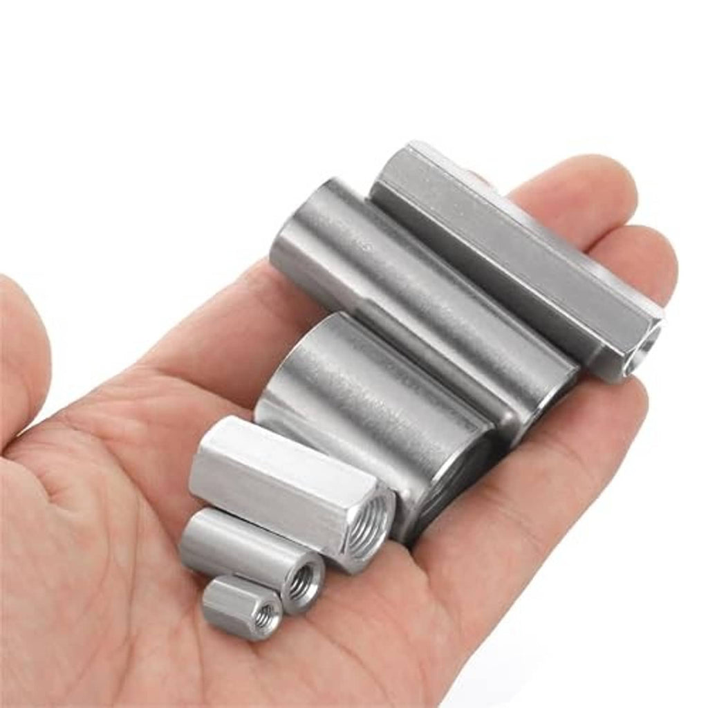 Stainless steel coupling nut sleeves held in hand, threaded interior shown