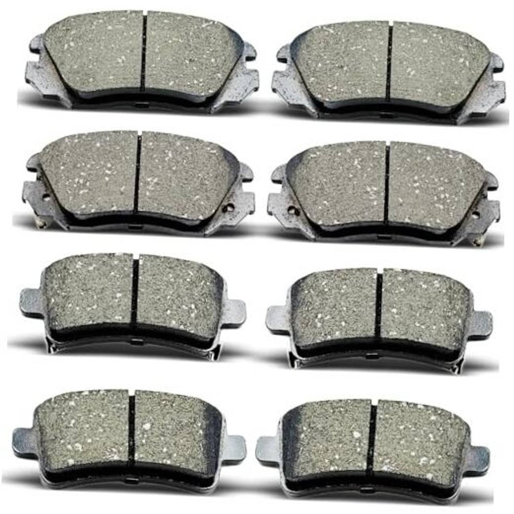 Ceramic brake pads set of 8, grey friction material with metal backing, front and rear