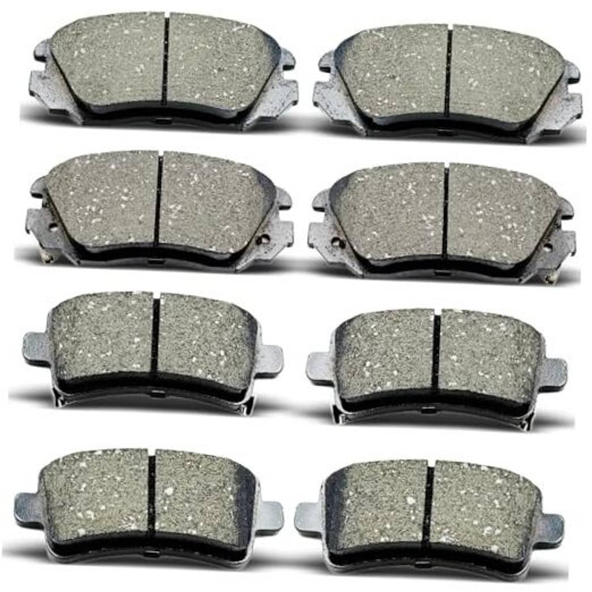 Ceramic brake pads set of 8, grey friction material with metal backing, front and rear