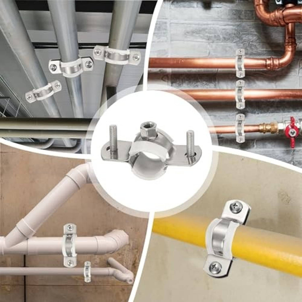 Stainless steel split-ring pipe hanger clamp securing pipes with mounting screws.