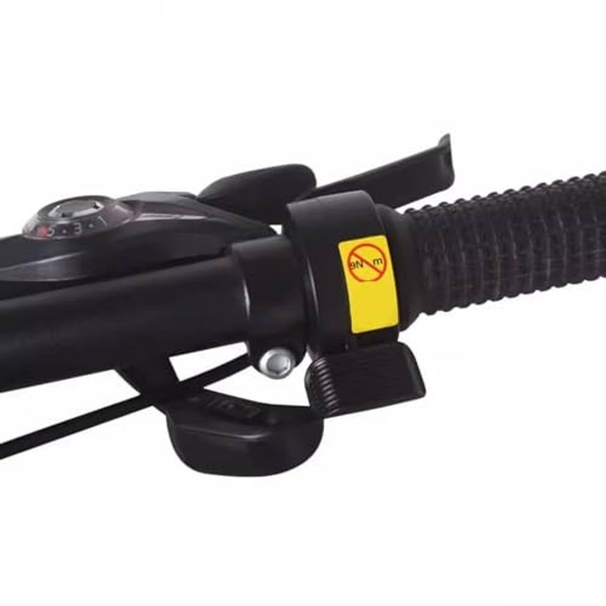 Black thumb throttle close-up with yellow warning label on handlebar