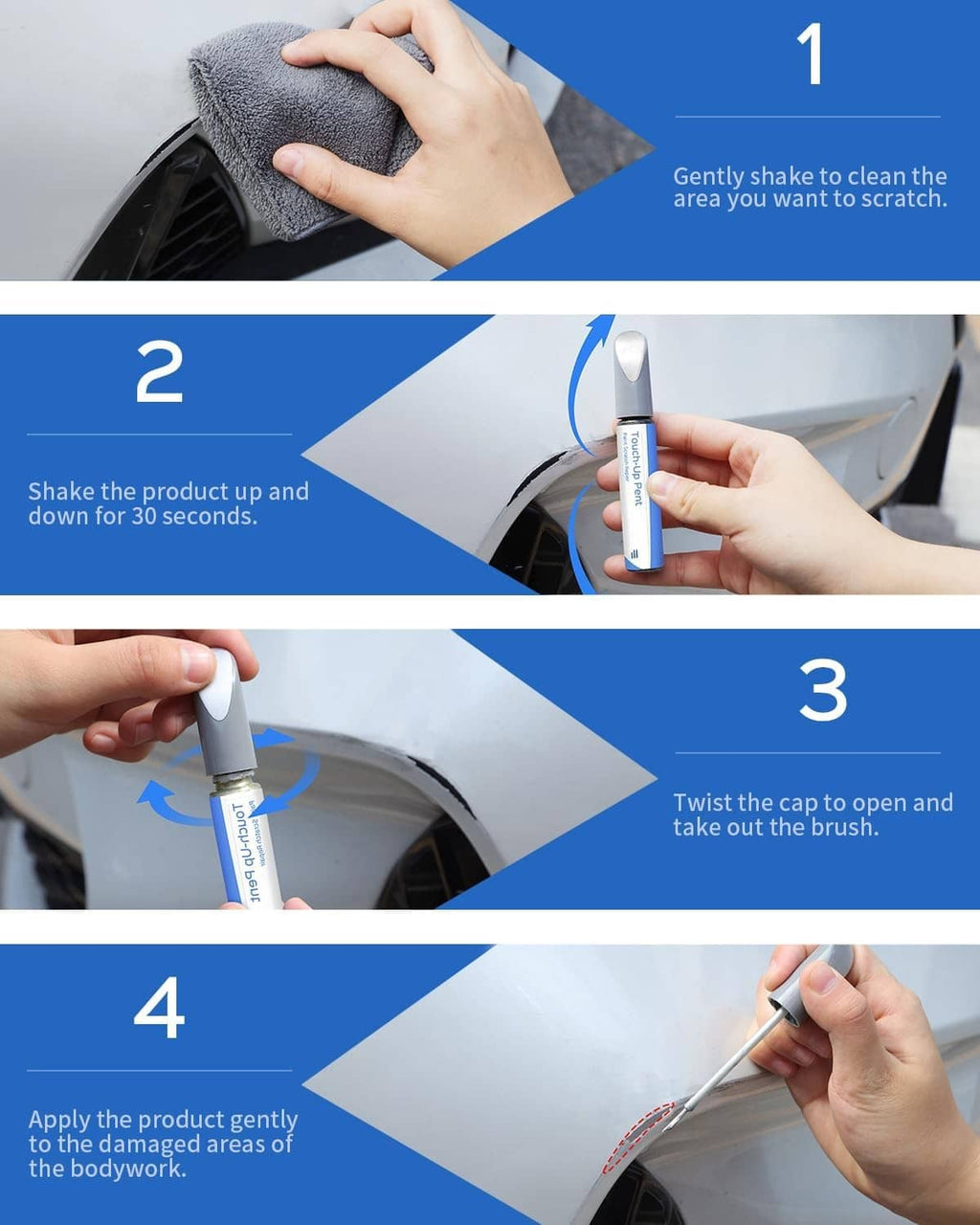Step-by-step car scratch repair using paint coating pen on car panels