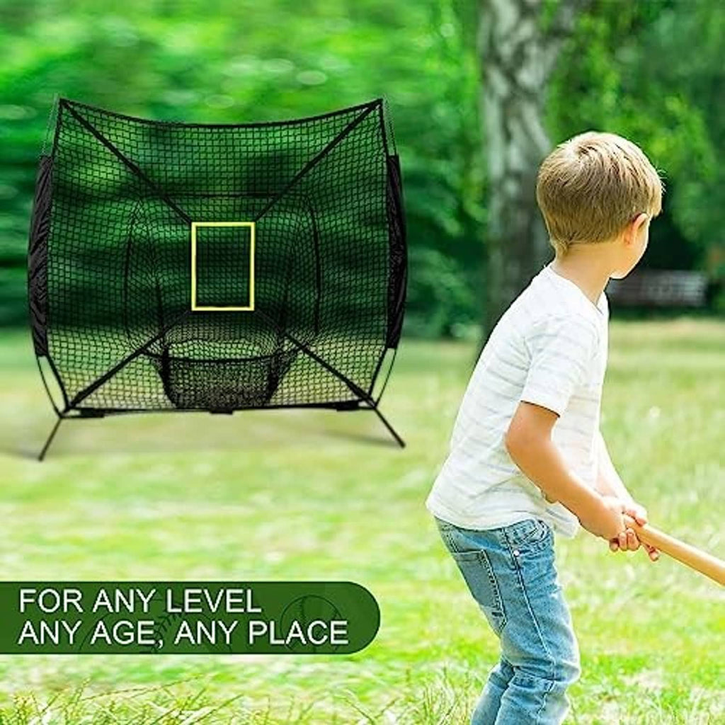 Outdoor baseball strike target net with green mesh and yellow square scoring window