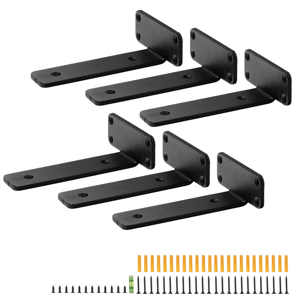 Multiple black steel floating shelf brackets with bolt holes, shown as a set