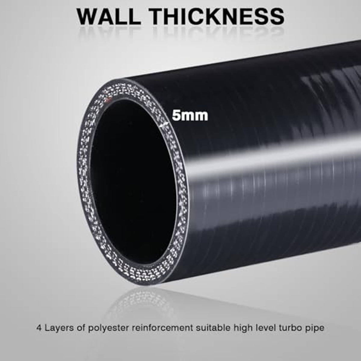 Black silicone coupler hose with silver edge showing wall thickness measurement
