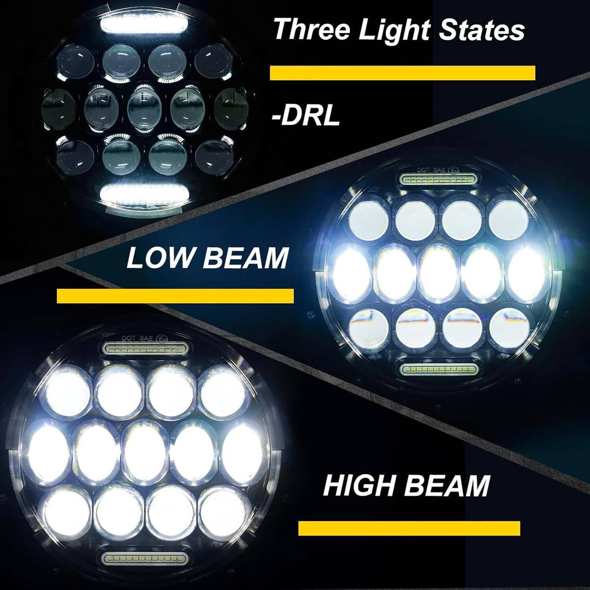 Pair of round LED headlights displaying DRL, low beam, and high beam light output