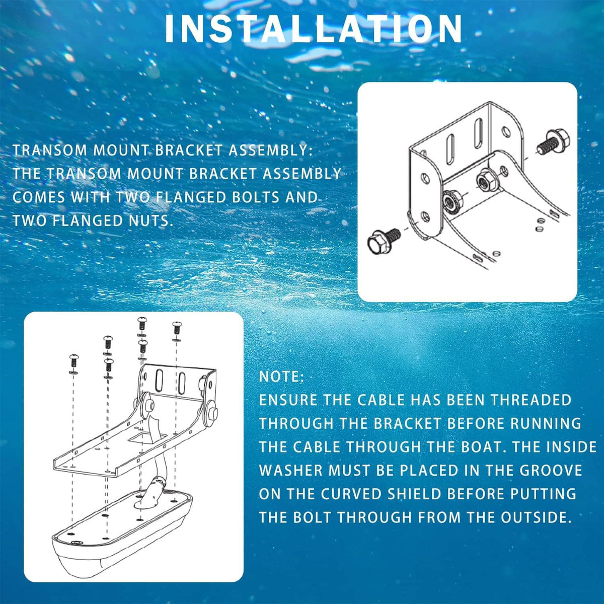 Transom mount bracket assembly diagram with bolts and nuts for transducer mounting