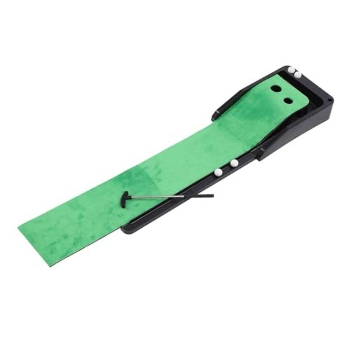 Automatic return putting mat with green velvet lane and black side rails
