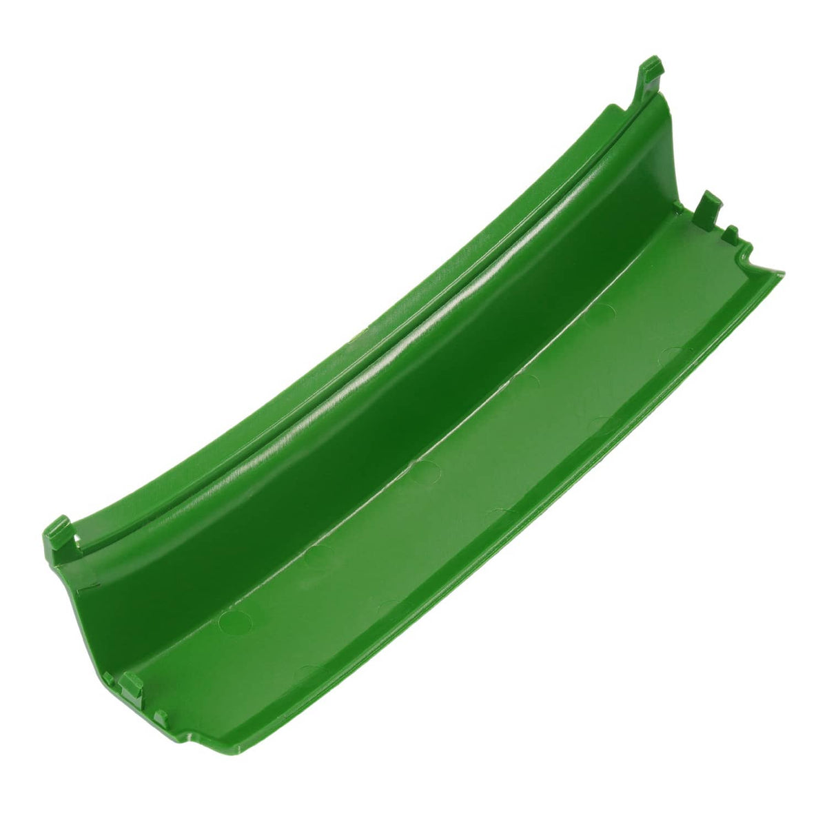 Green front bumper for John Deere riding mower, curved guard with end prongs