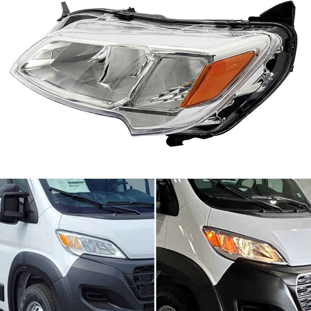 Left halogen headlight with clear lens and amber turn signal, angled side view