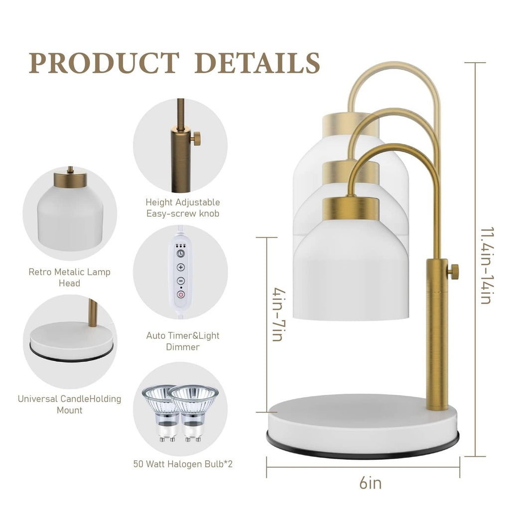 White candle warmer lamp with gold adjustable head, base, and controller panel