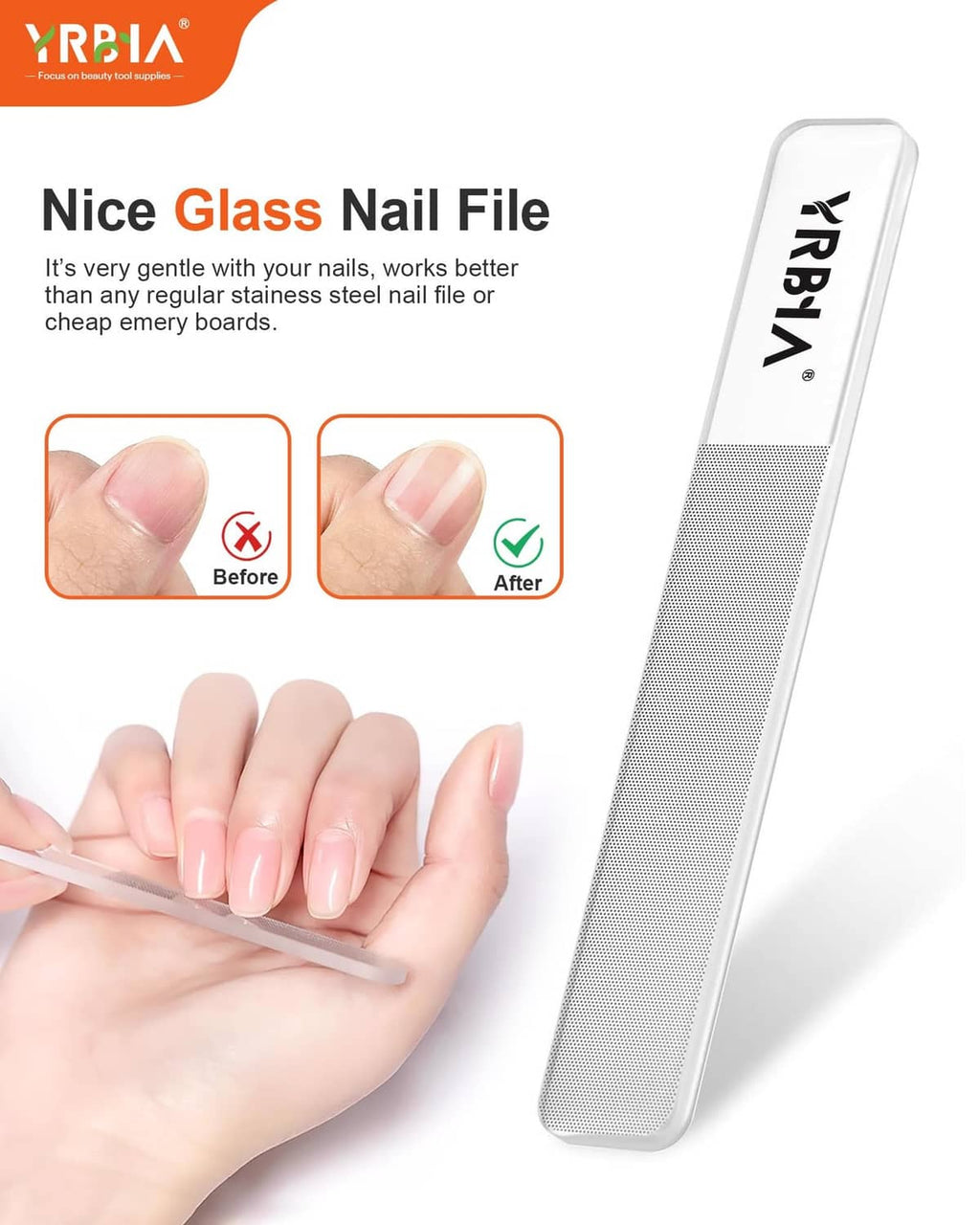 White glass nail file with YRBIA label, fine abrasive surface