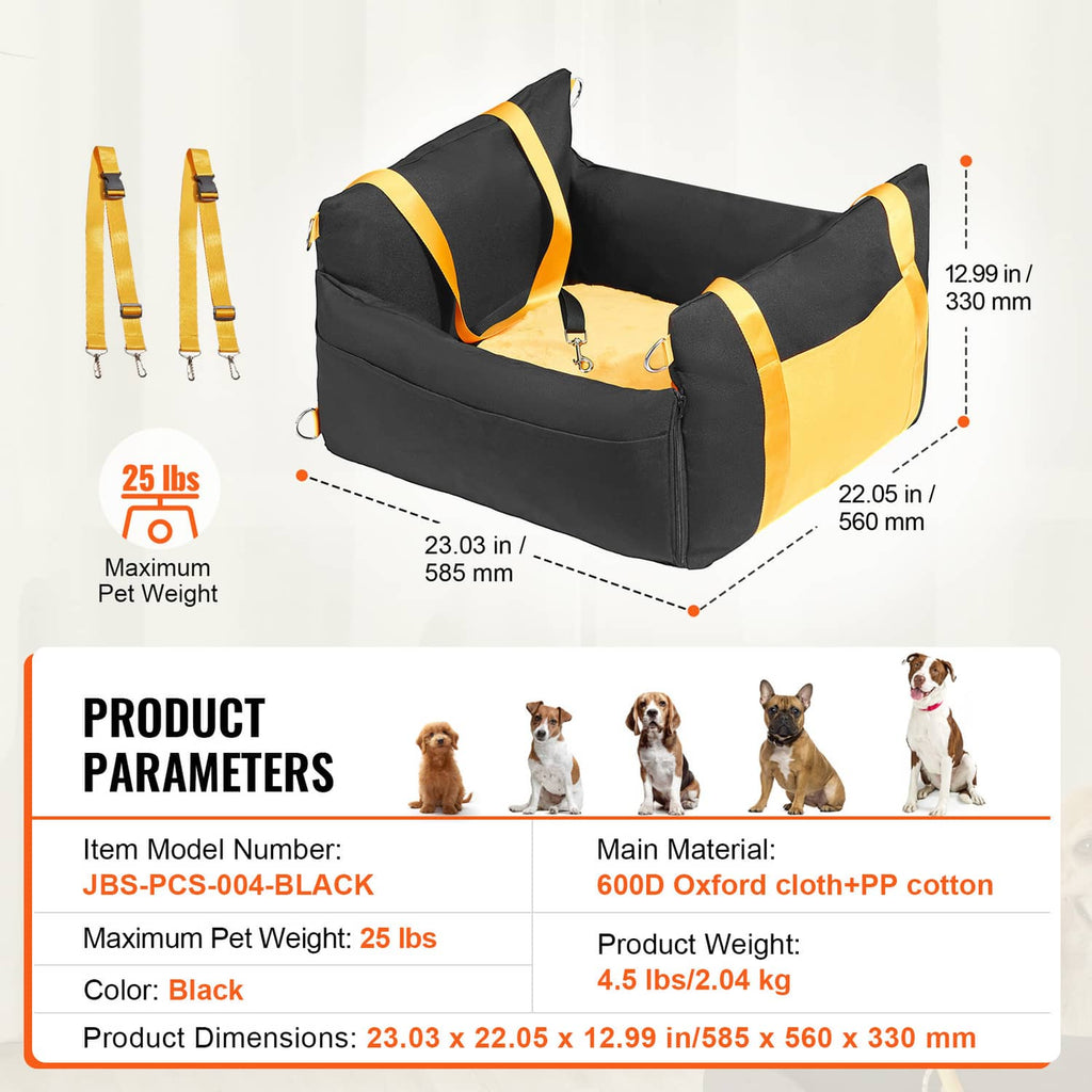 Black dog booster car seat with yellow carry handles, adjustable straps, and padded side walls
