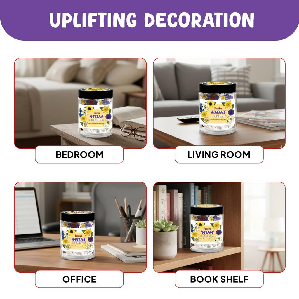 Mom affirmation jar on furniture with floral message cards, styled for home rooms