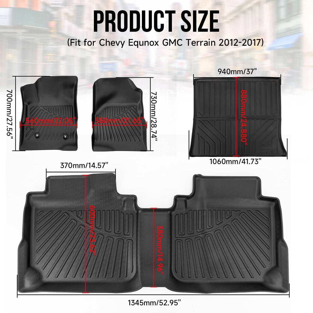 Black all-weather floor liner set, showing fit layout and contour sections