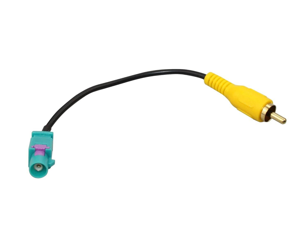 Antenna adapter cable with yellow RCA male plug and teal Fakra male connector, straight view