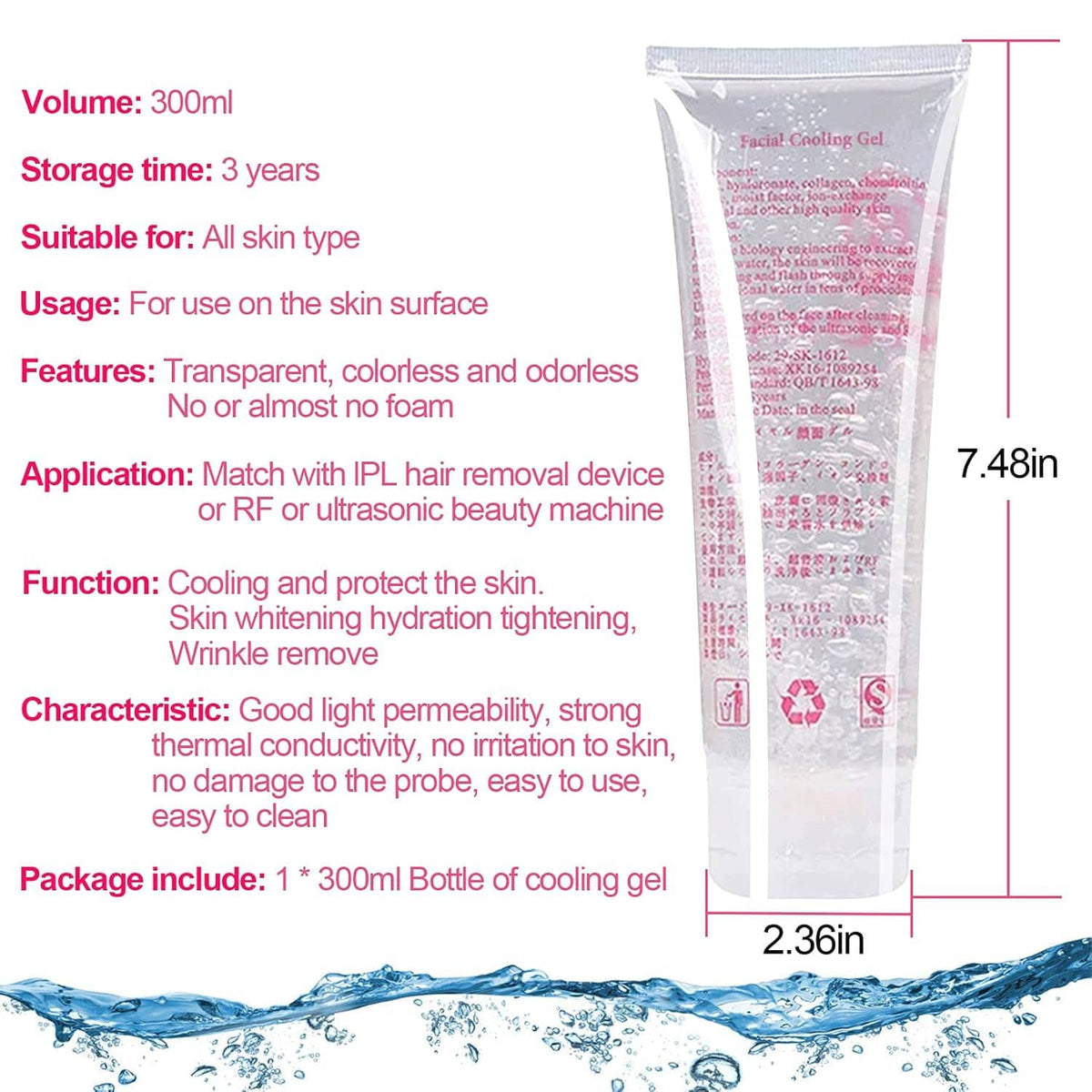 Facial cooling gel tube with product info graphics and clear gel texture