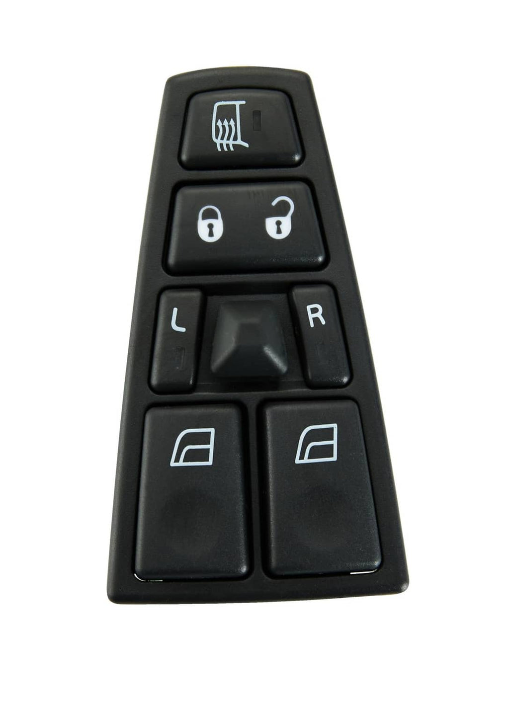 Black power window switch with mirror, lock, and window direction buttons labeled L and R.
