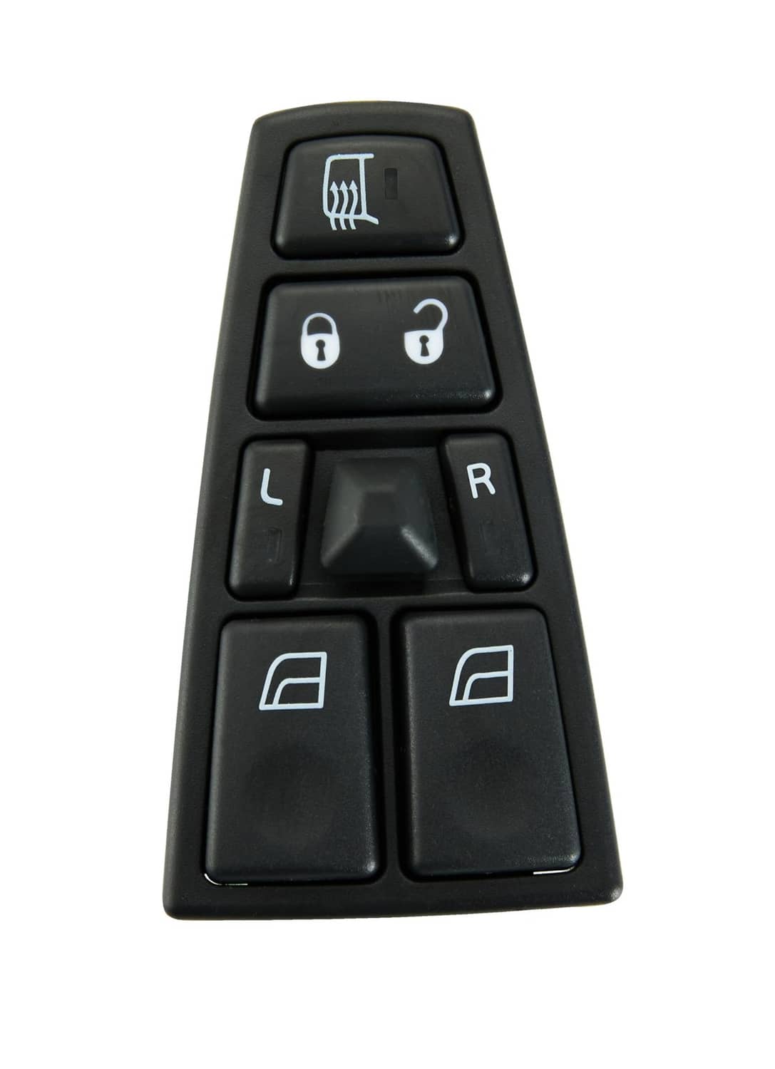 Black power window switch with mirror, lock, and window direction buttons labeled L and R.