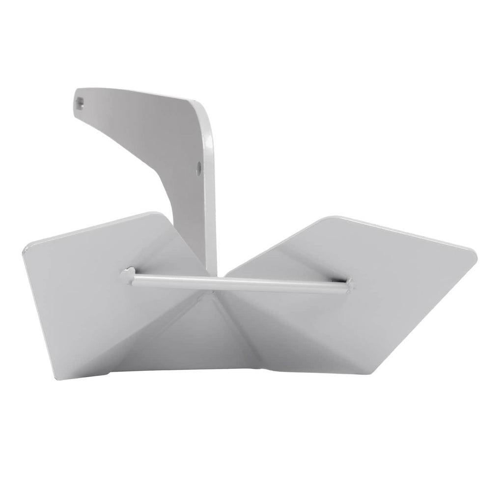 Triangular anchor with gray fluke wings and curved bracket, side angle view