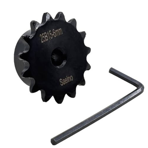 Black 15-tooth roller chain sprocket, 6mm bore, hardened steel, with L-shaped hex key