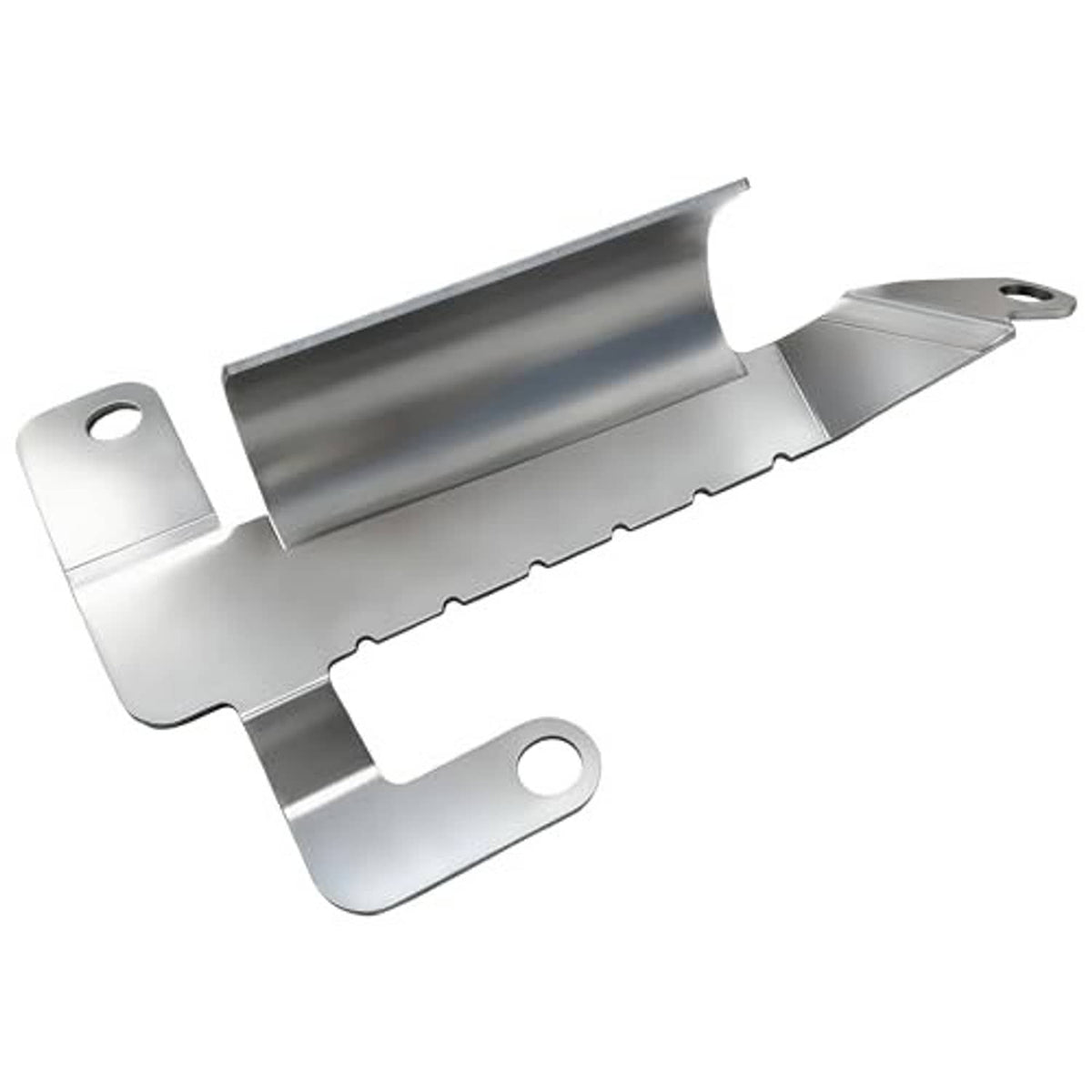 Silver metal front air deflector shield with two mounting holes and side tabs