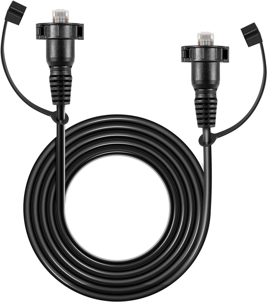 Black coiled marine RJ45 Ethernet cable with two male connector plugs