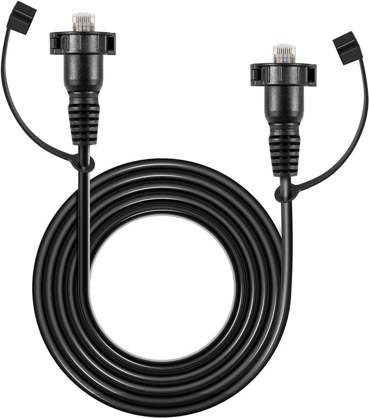 Black coiled marine RJ45 Ethernet cable with two male connector plugs