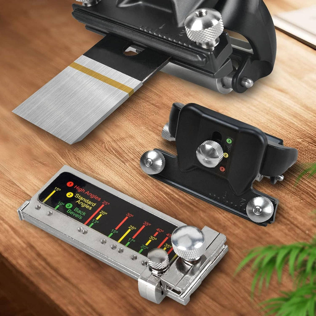 Chisel sharpening kit with black jig, metal guide bar, angle scale ruler, and clamps