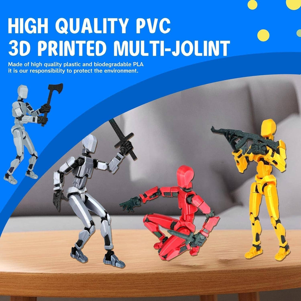 Articulated 3D robots in white, black, red, and yellow on tabletop surface