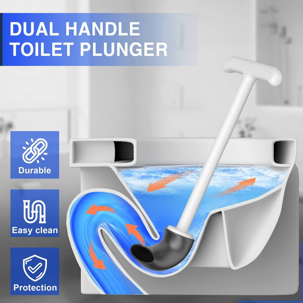 White dual-handle toilet plunger with gray rubber cup for toilet cleaning