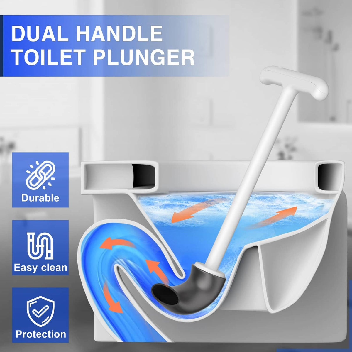 White dual-handle toilet plunger with gray rubber cup for toilet cleaning