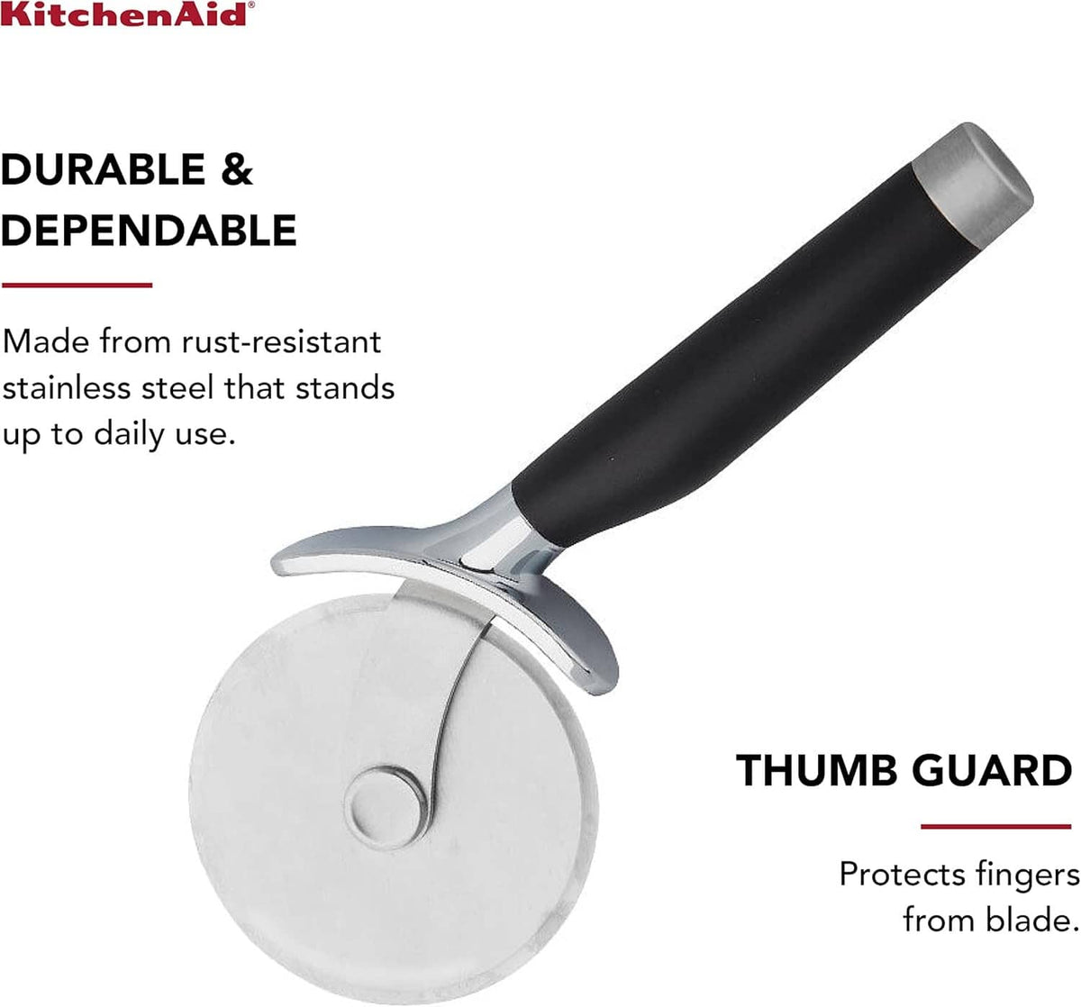 Black-and-stainless pizza wheel cutter with thumb guard and round cutting wheel