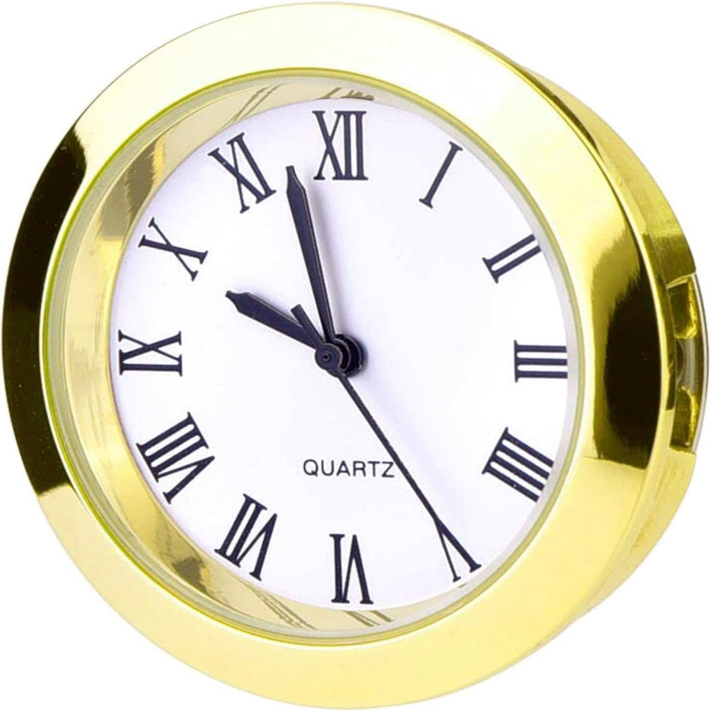 Close-up round quartz clock insert: gold rim, white dial, black Roman numerals, quartz text