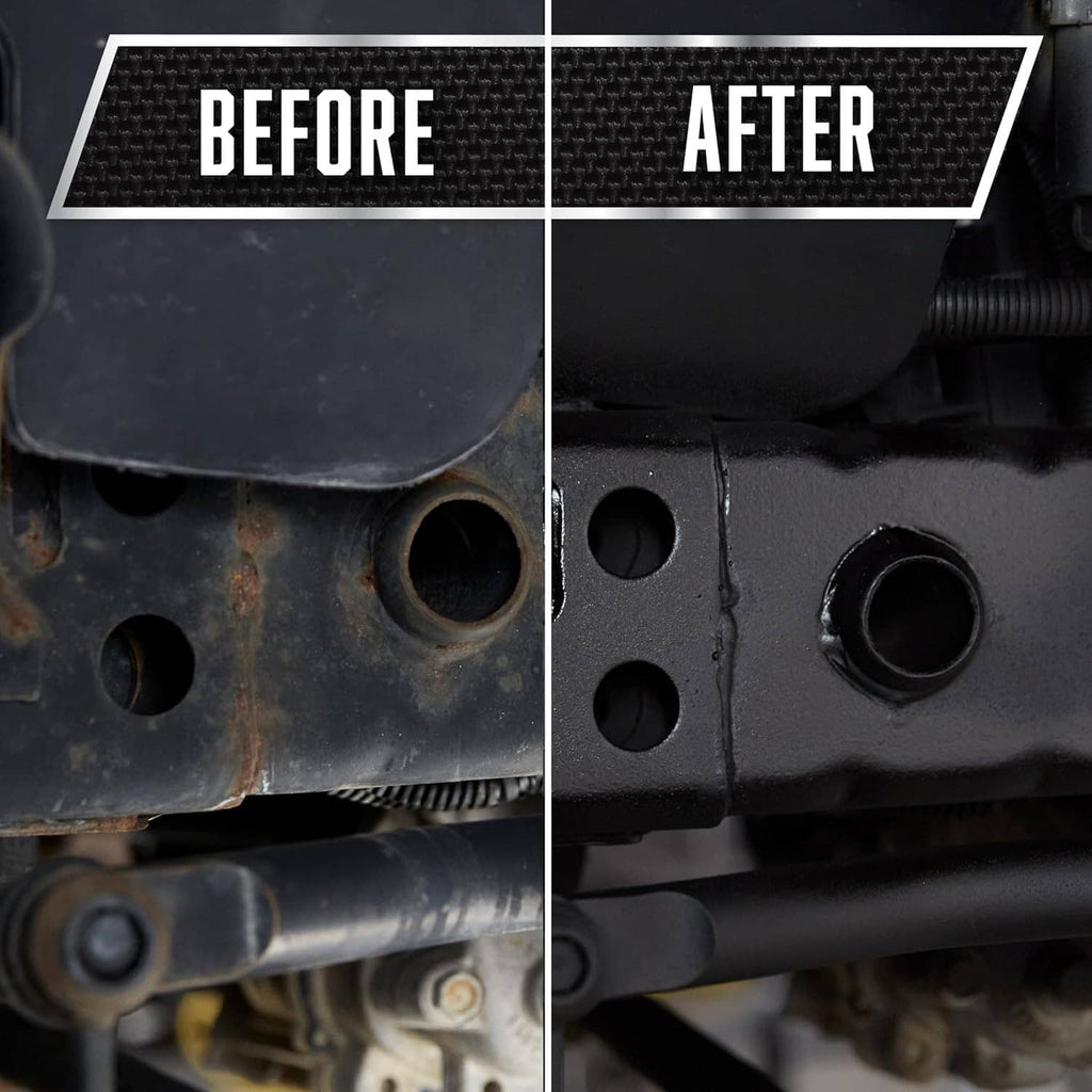 Rubberized undercoating on metal brackets, before-and-after comparison, black.