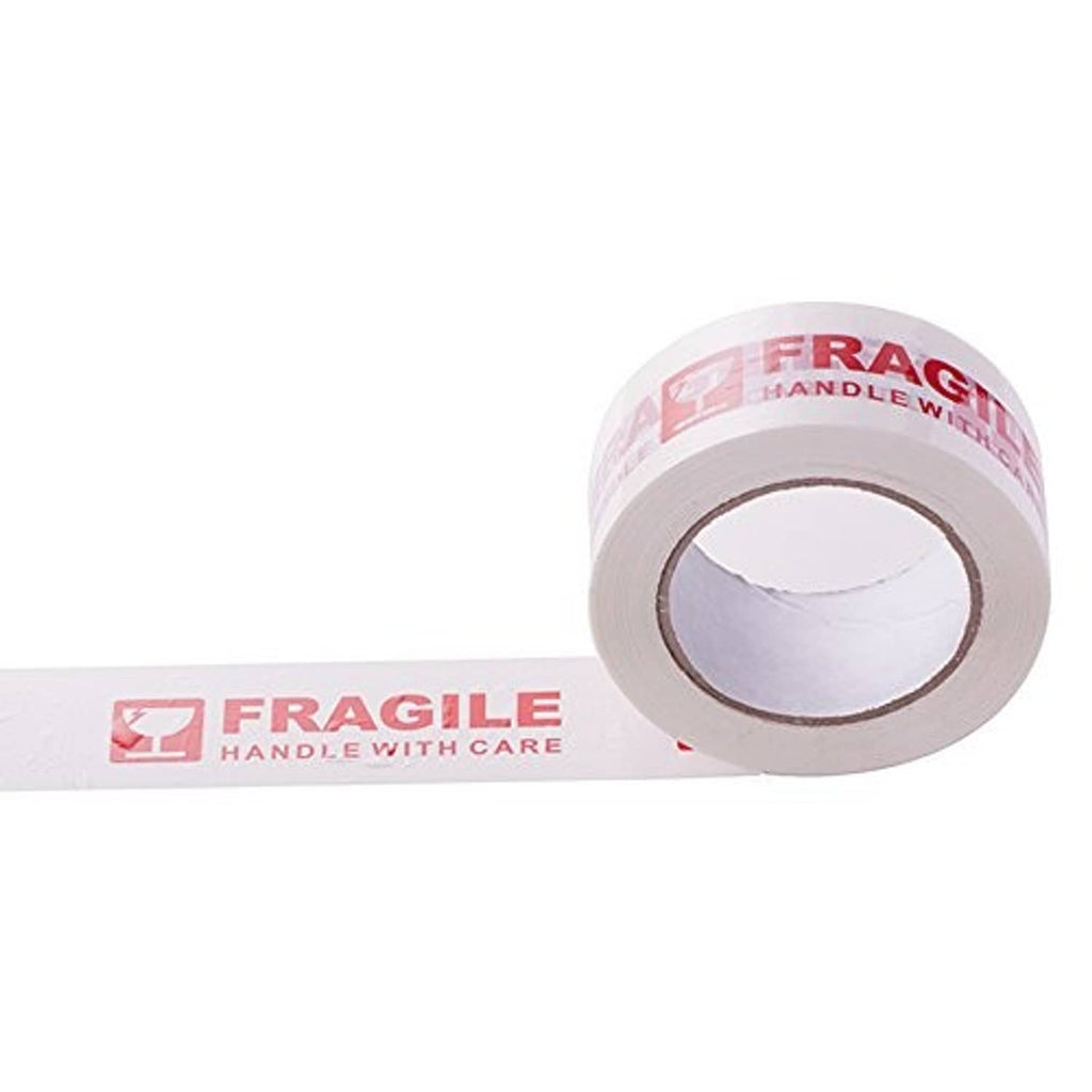 Fragile warning packing tape roll with tape extended, white and red warning text