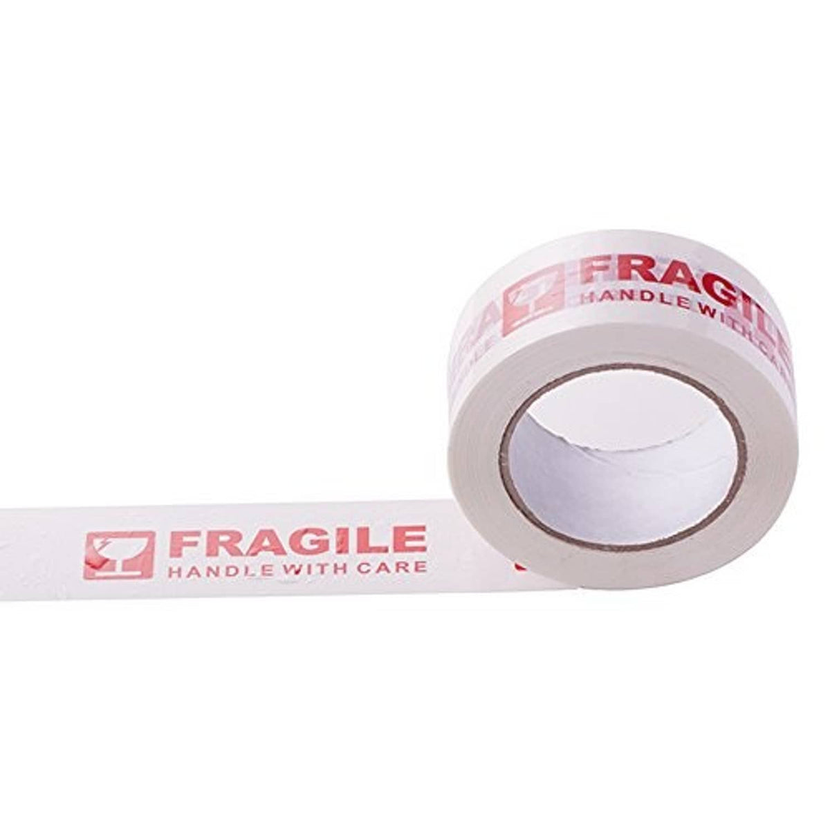Fragile warning packing tape roll with tape extended, white and red warning text