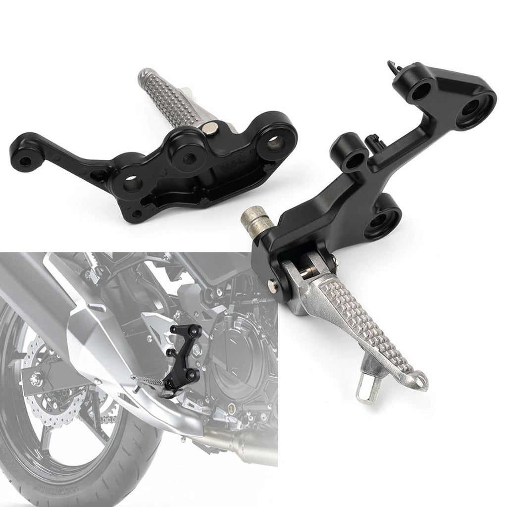 Front driver foot peg bracket set with black metal plates and textured silver foot pegs