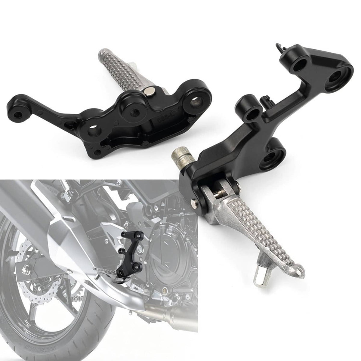 Front driver foot peg bracket set with black metal plates and textured silver foot pegs