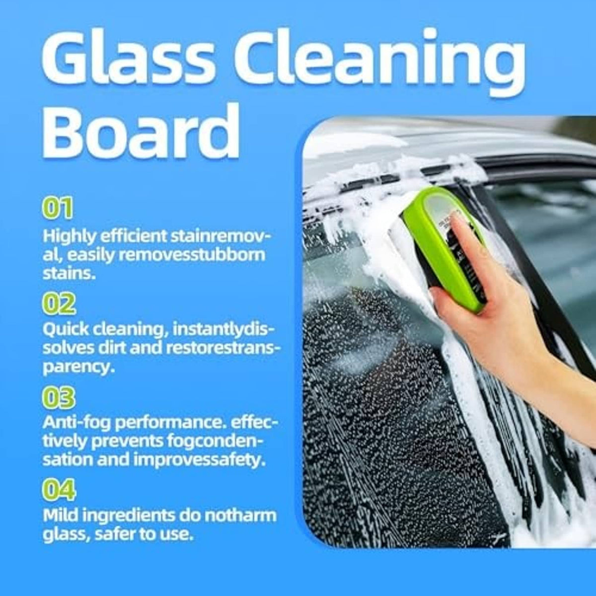 Green brush cleaning a car windshield with visible water droplets