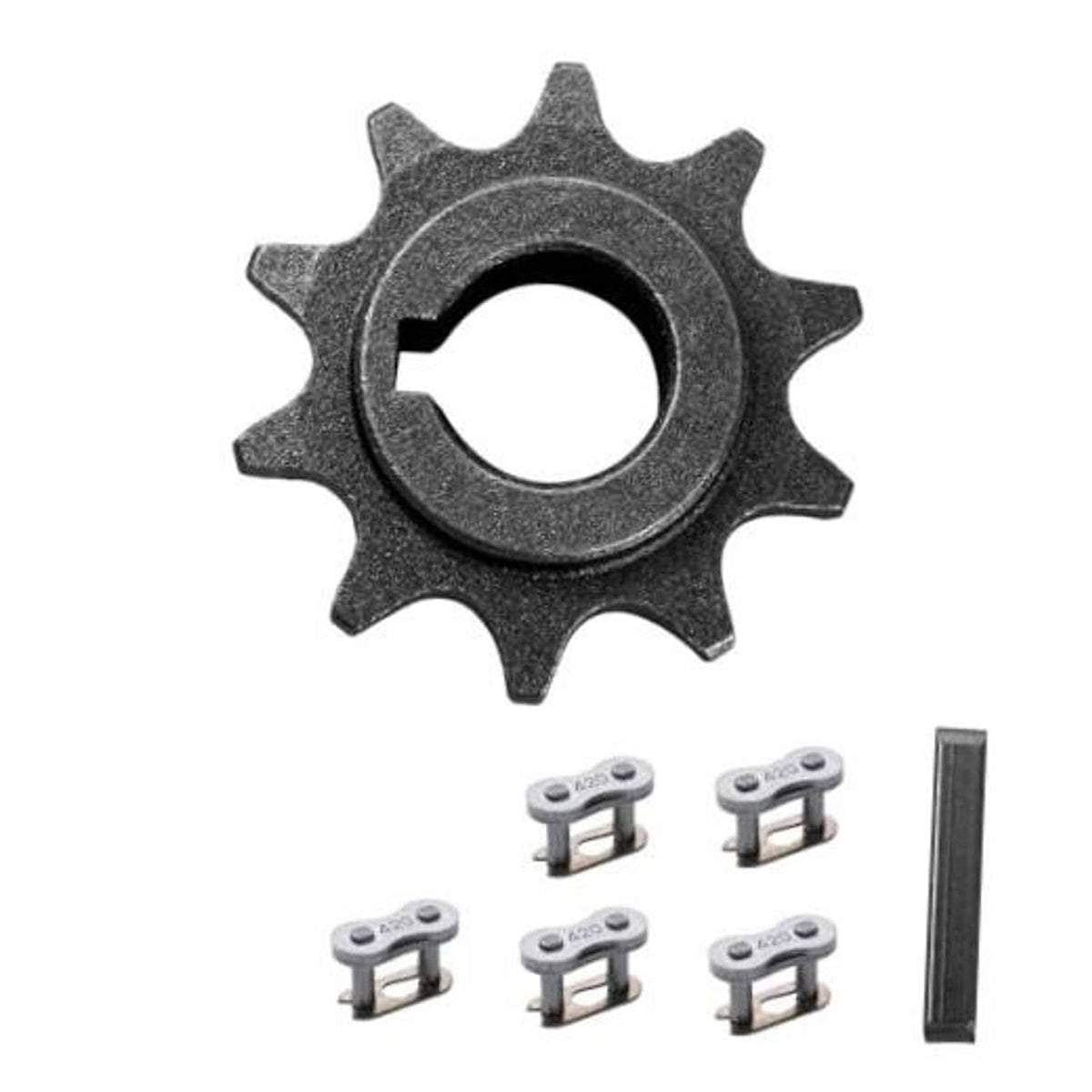 10-tooth front chain sprocket gear with dark finish and round center bore opening