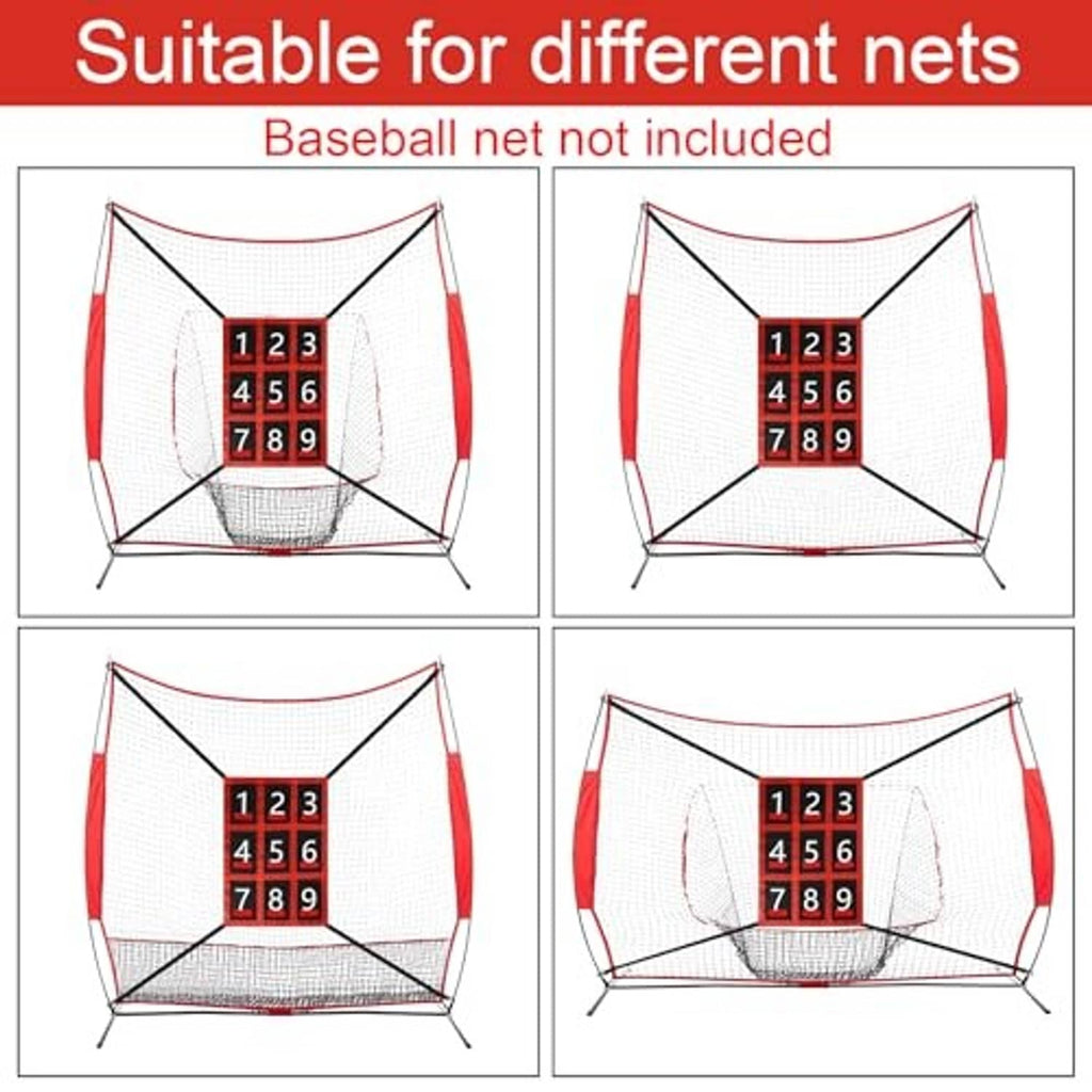 Baseball strike zone target net with 1–9 scoring grid shown from different angles