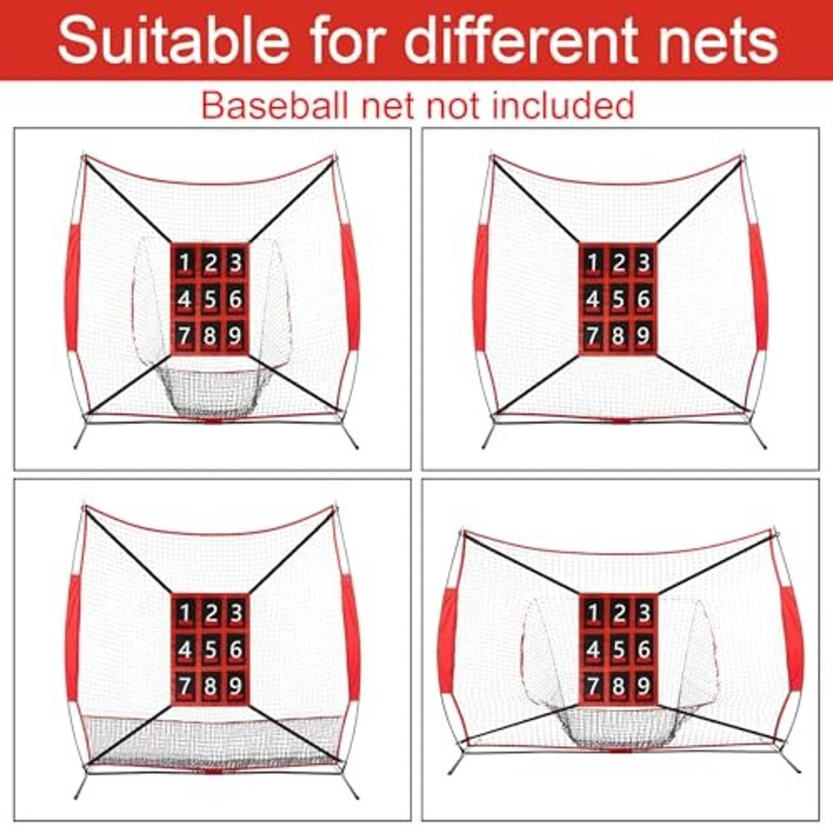 Baseball strike zone target net with 1–9 scoring grid shown from different angles