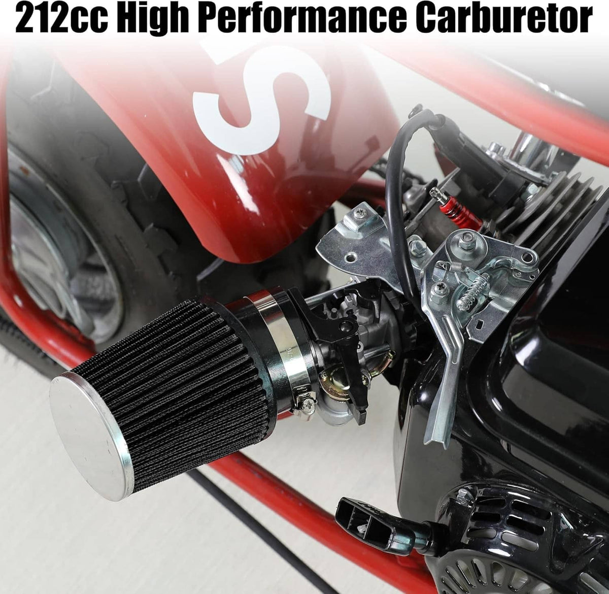 Black carburetor and throttle body with attached air filter and intake tubing