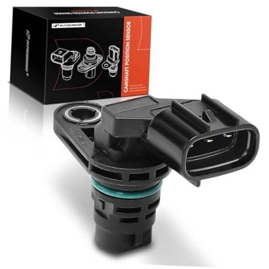 Camshaft position sensor with gray housing and black electrical connector.